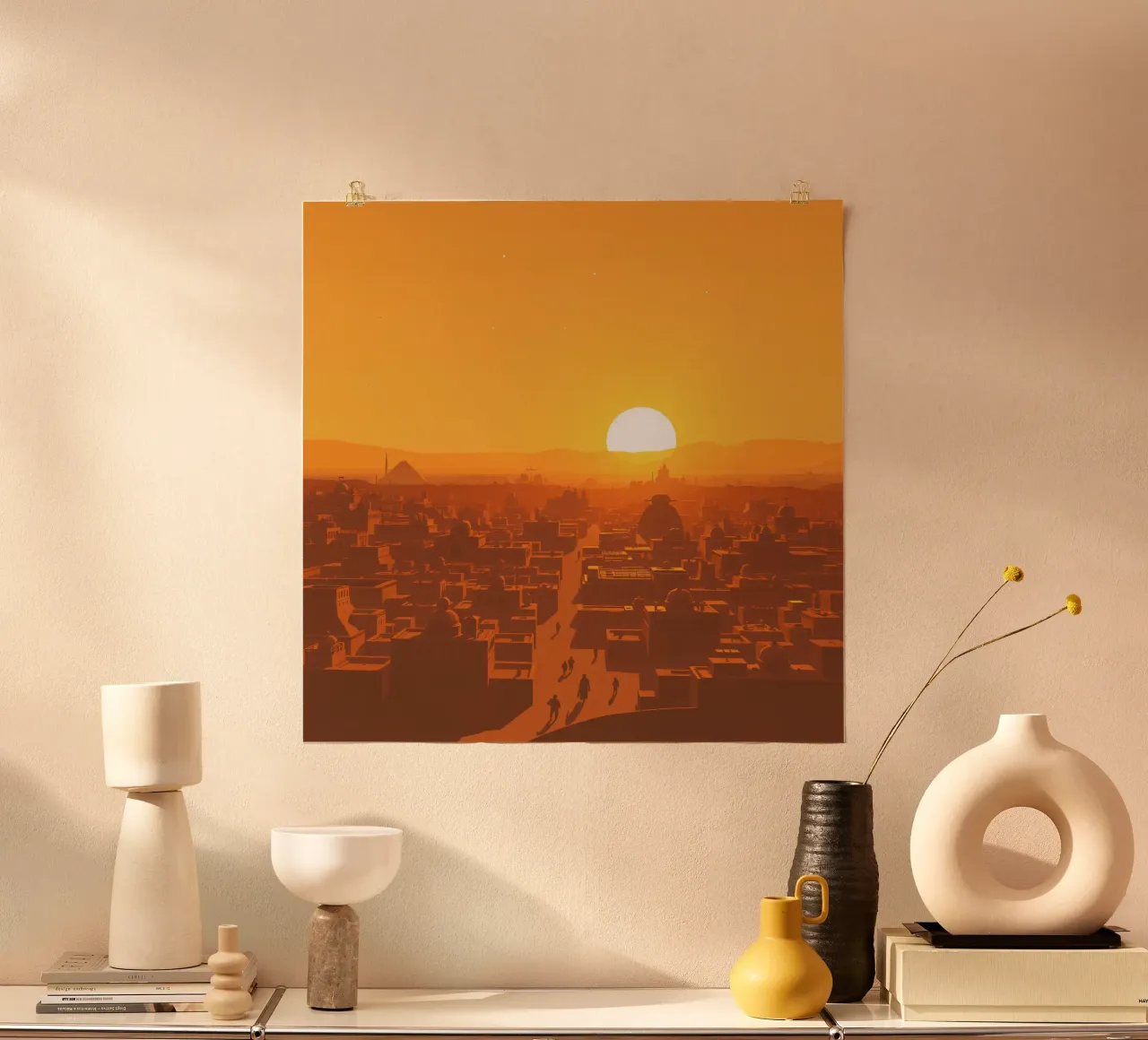 Tramonto sulla città antica con sagome di persone che camminano carta hahnemühle da DesignDoodle