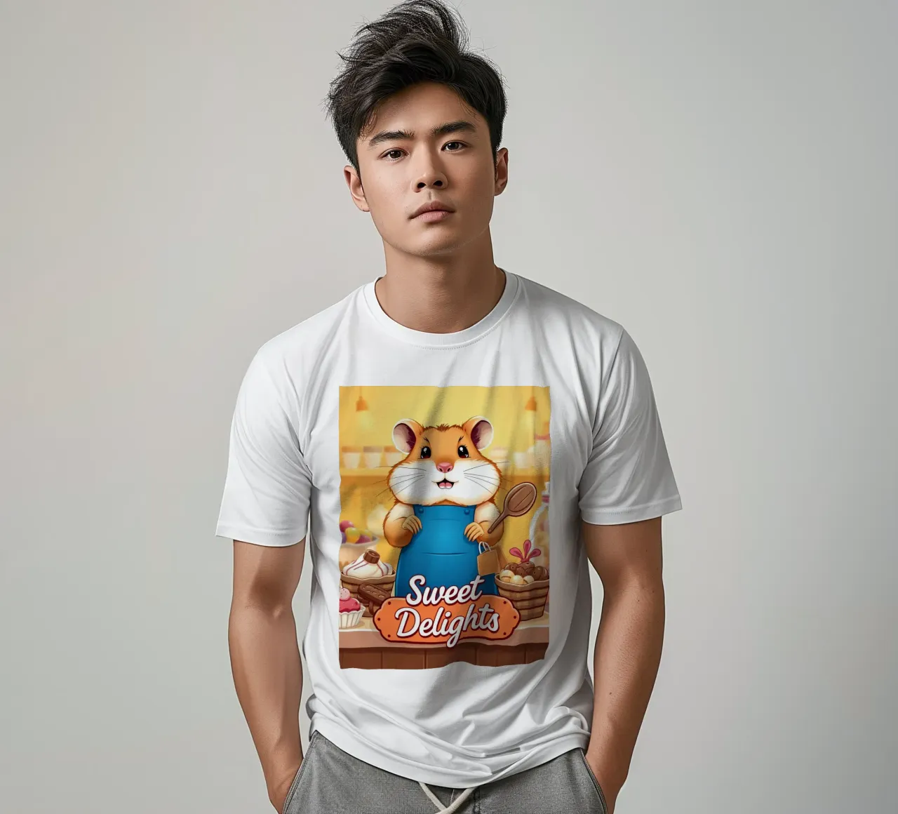 Un allegro criceto in grembiule prepara gioiosamente un dolce t-shirt da DesignDoodle