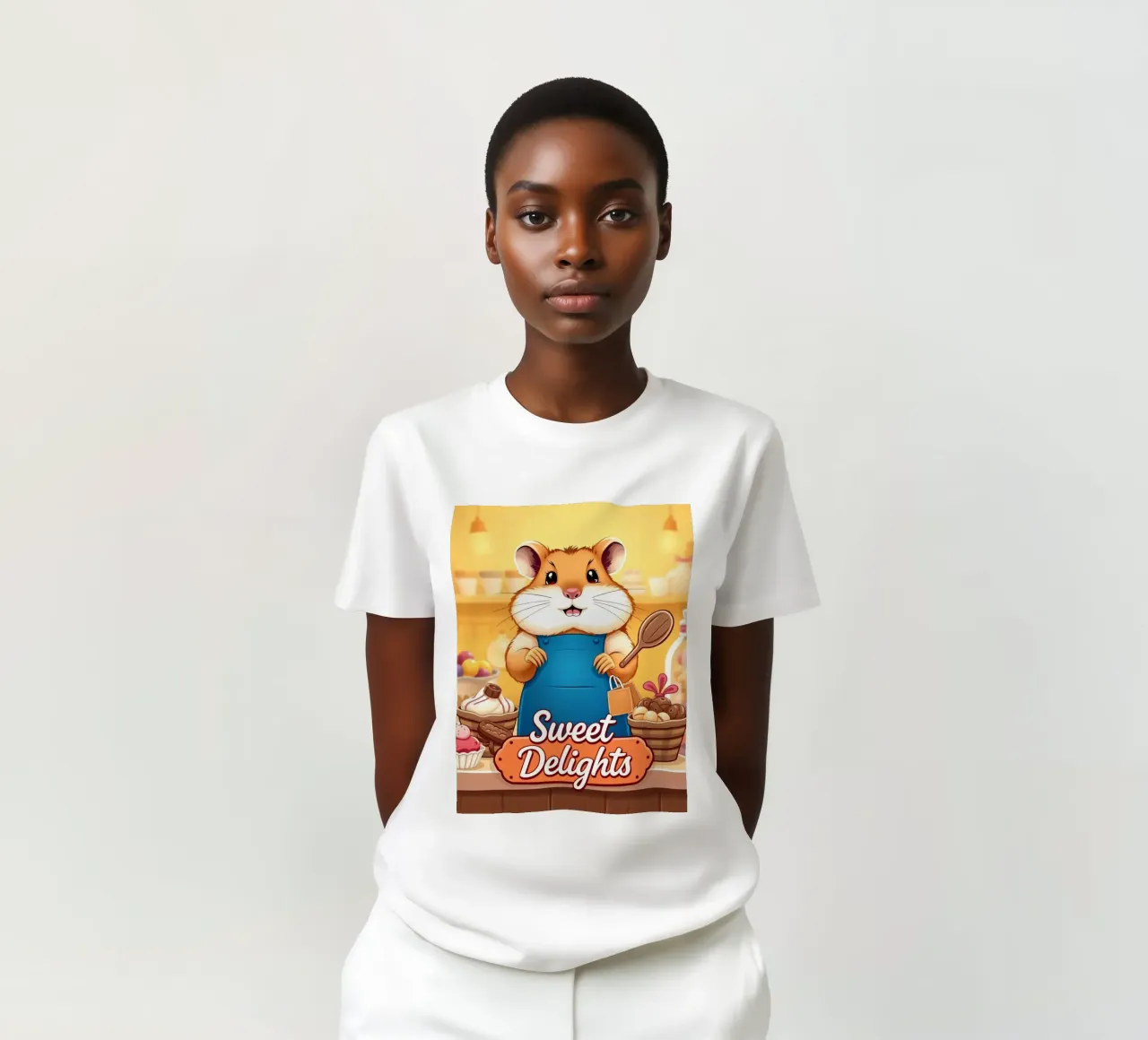 Un allegro criceto in grembiule prepara gioiosamente un dolce t-shirt da DesignDoodle