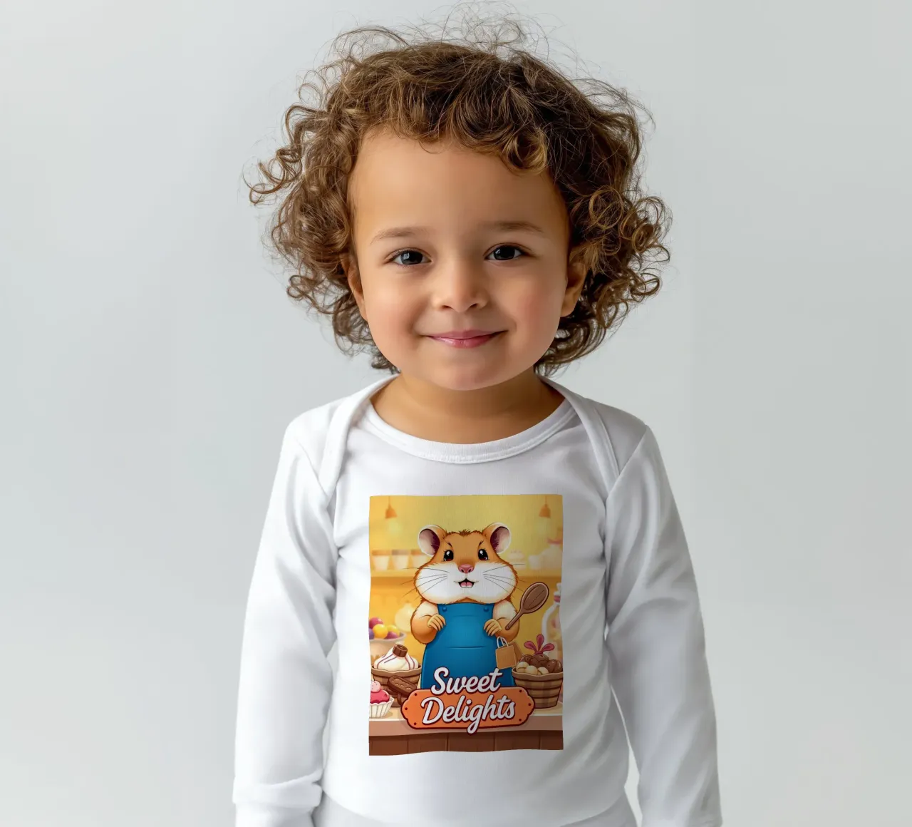 Un allegro criceto in grembiule prepara gioiosamente un dolce body neonato maniche lunghe da DesignDoodle