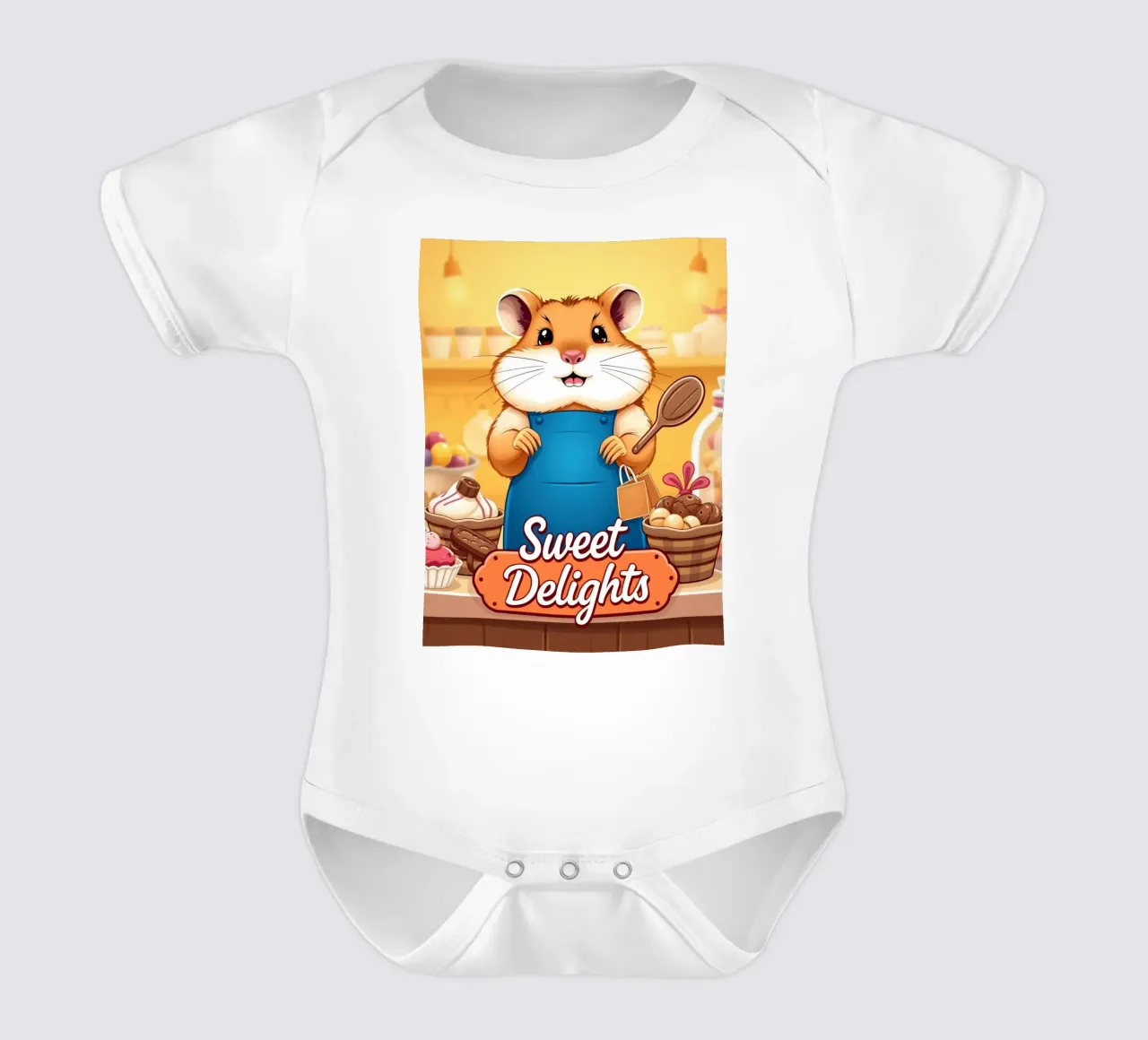 Un allegro criceto in grembiule prepara gioiosamente un dolce body neonato maniche corte da DesignDoodle