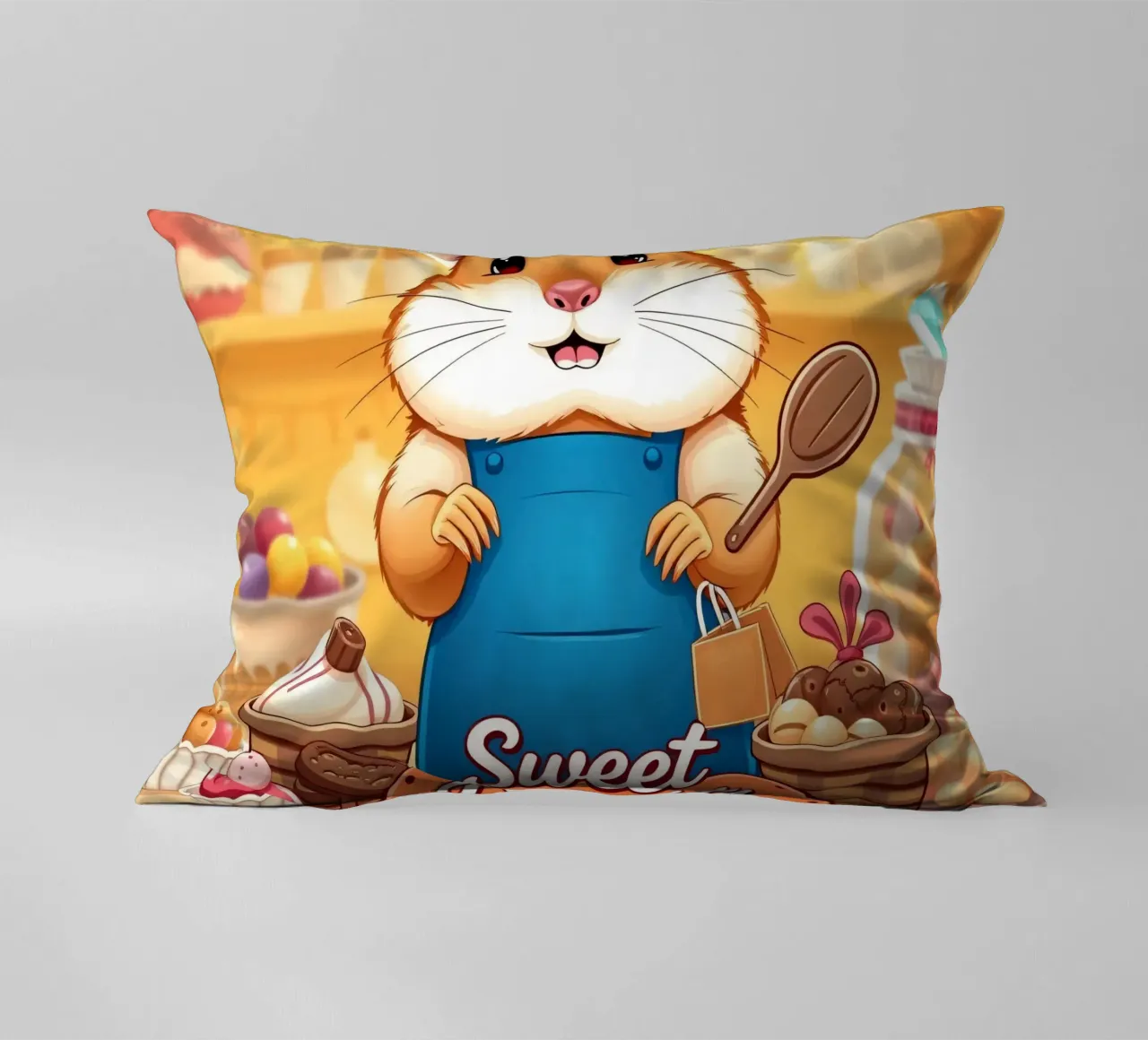 Un allegro criceto in grembiule prepara gioiosamente un dolce cuscino da DesignDoodle