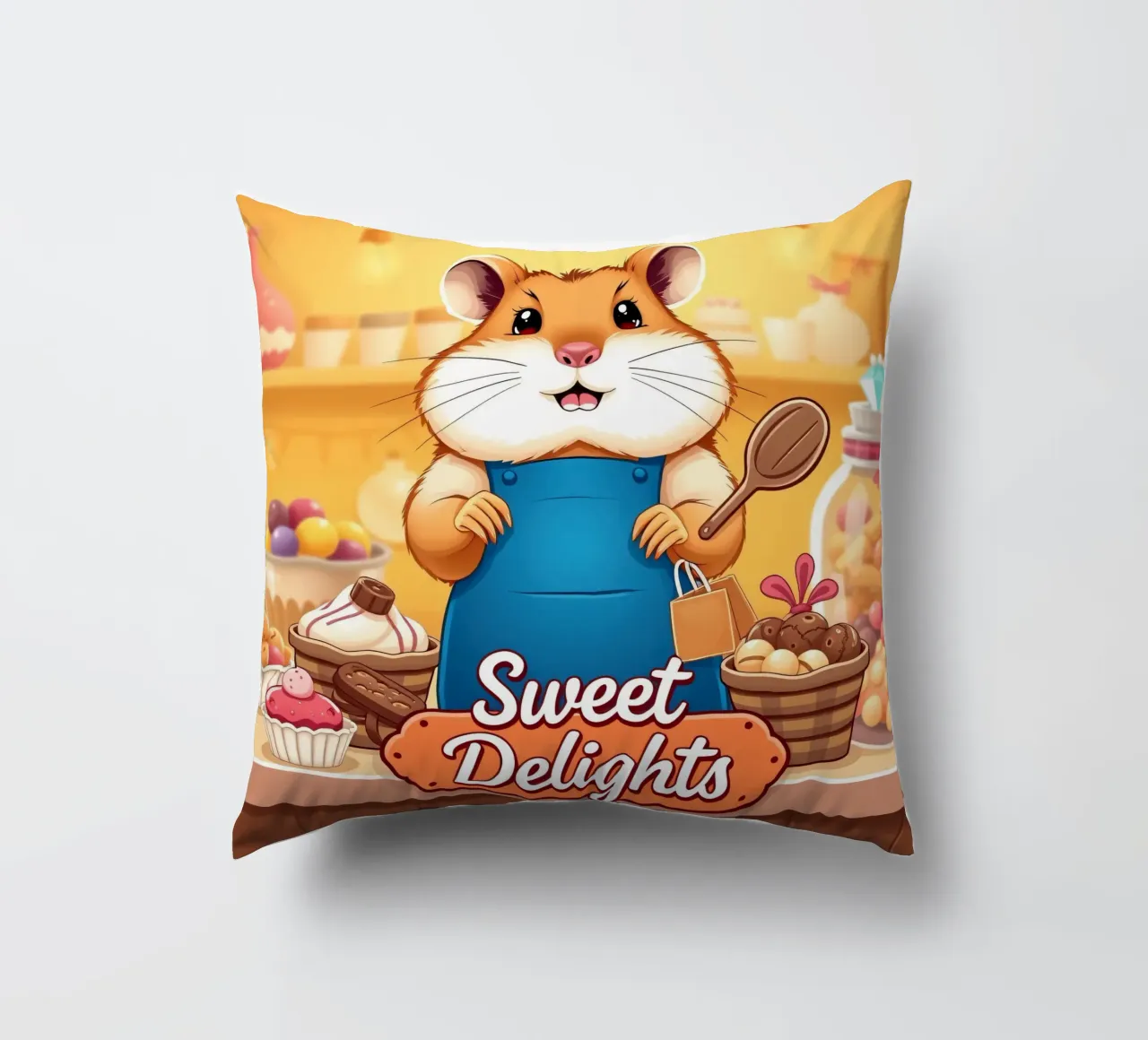 Un allegro criceto in grembiule prepara gioiosamente un dolce cuscino da DesignDoodle
