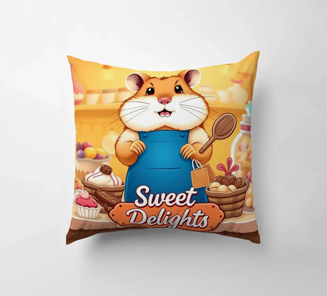 Un allegro criceto in grembiule prepara gioiosamente un dolce cuscino da DesignDoodle