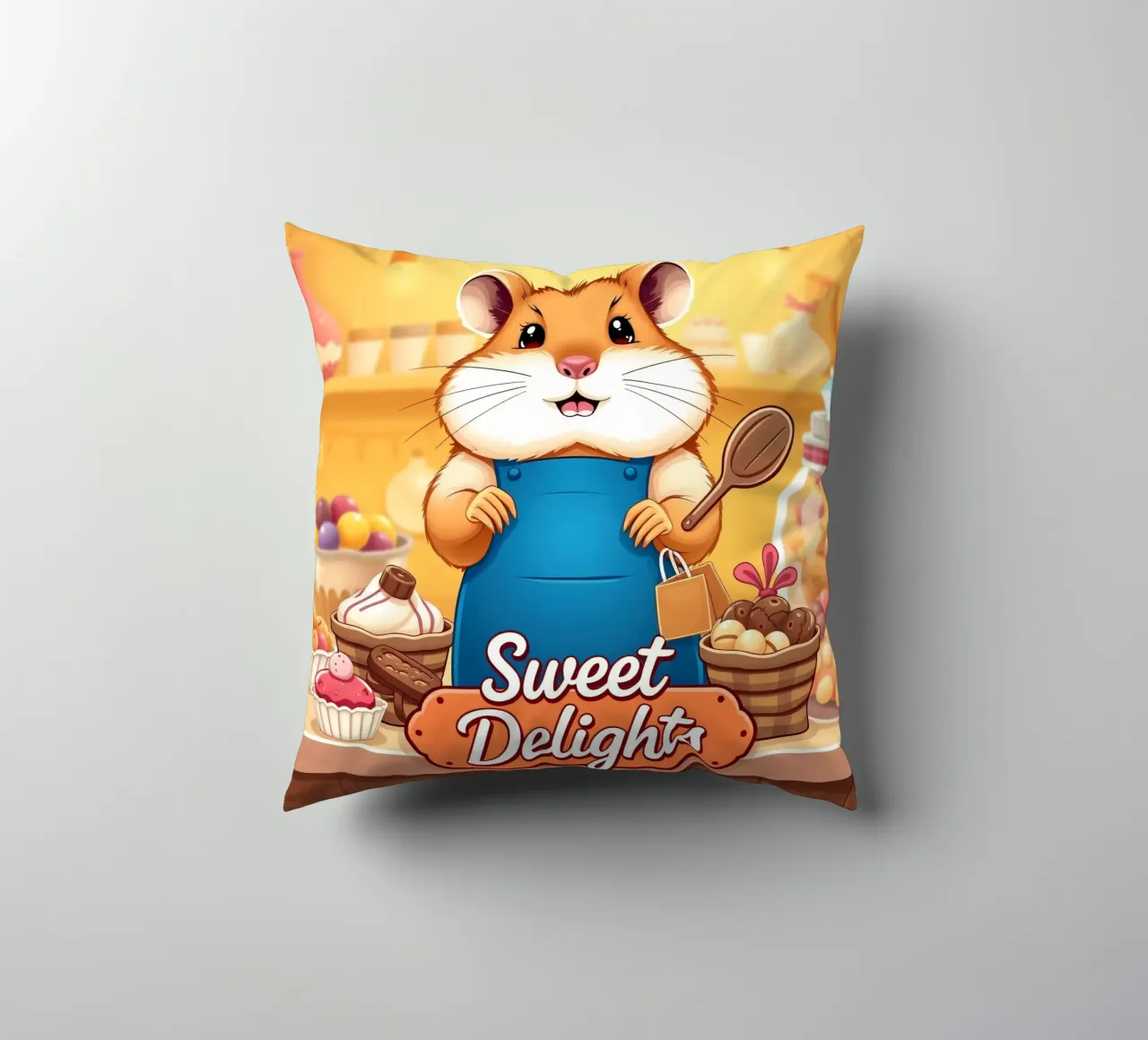 Un allegro criceto in grembiule prepara gioiosamente un dolce cuscino da DesignDoodle
