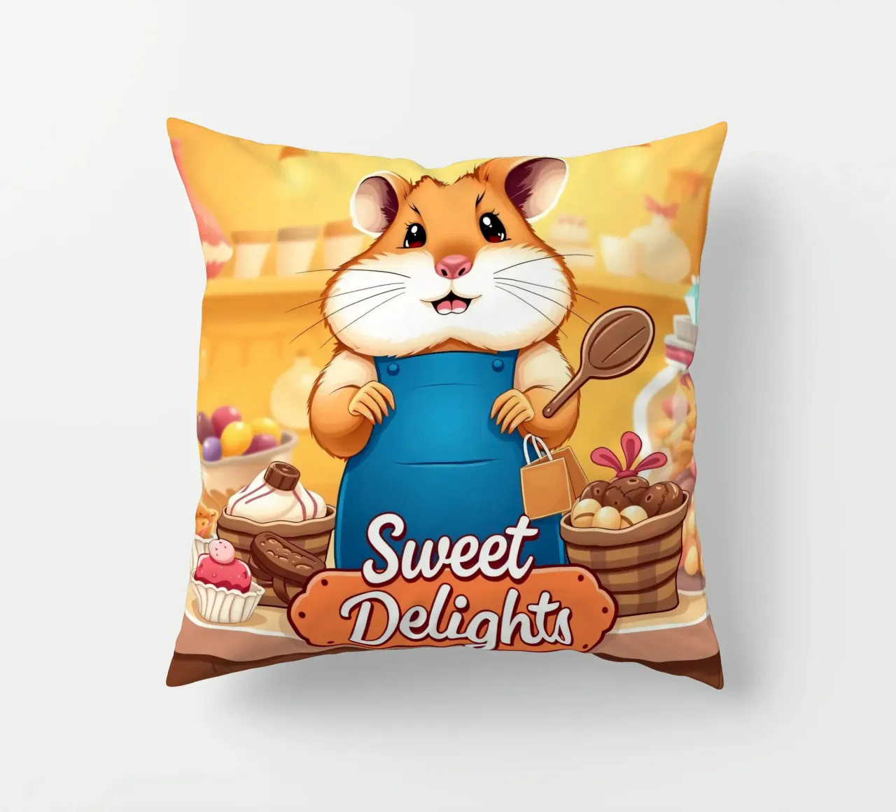 Un allegro criceto in grembiule prepara gioiosamente un dolce cuscino da DesignDoodle