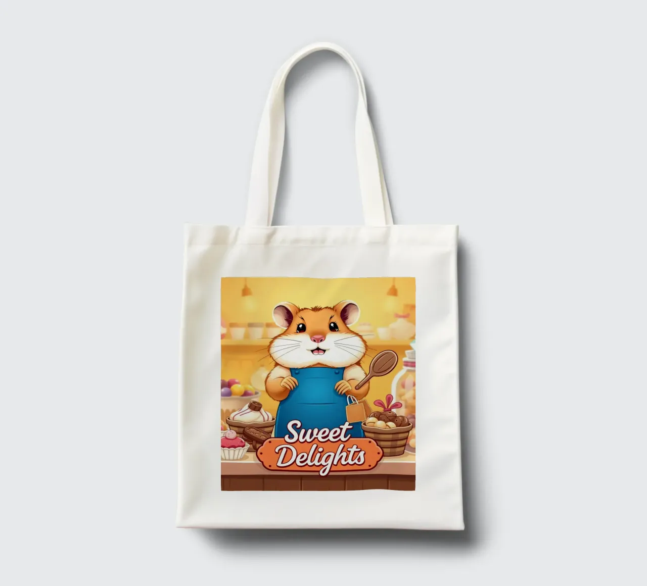 Un allegro criceto in grembiule prepara gioiosamente un dolce borsa in juta da DesignDoodle