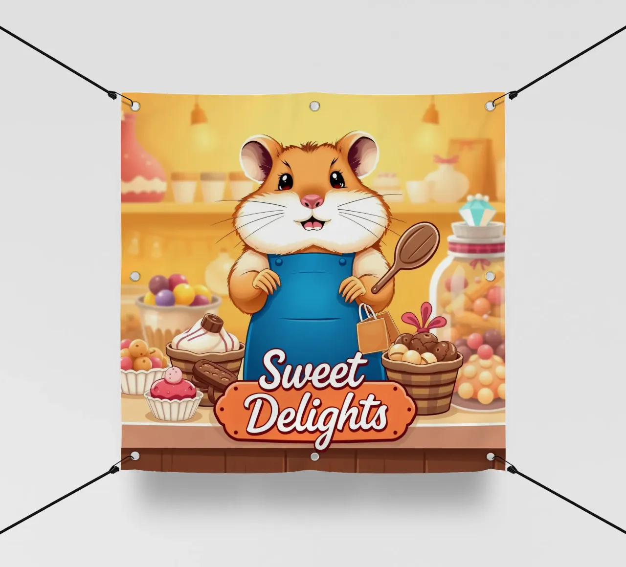 Un allegro criceto in grembiule prepara gioiosamente un dolce telo in pvc da DesignDoodle