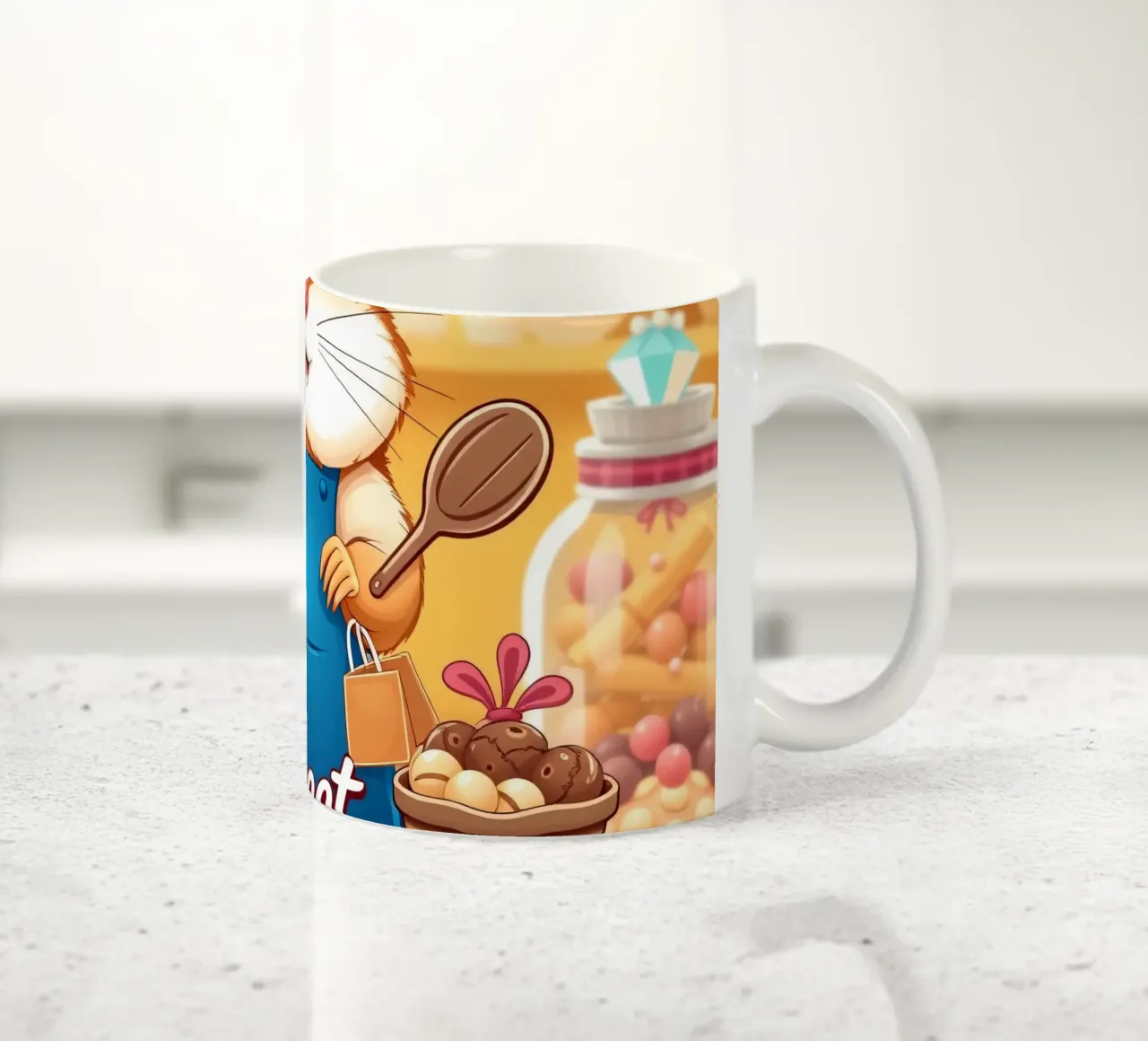Un allegro criceto in grembiule prepara gioiosamente un dolce tazza in ceramica da DesignDoodle