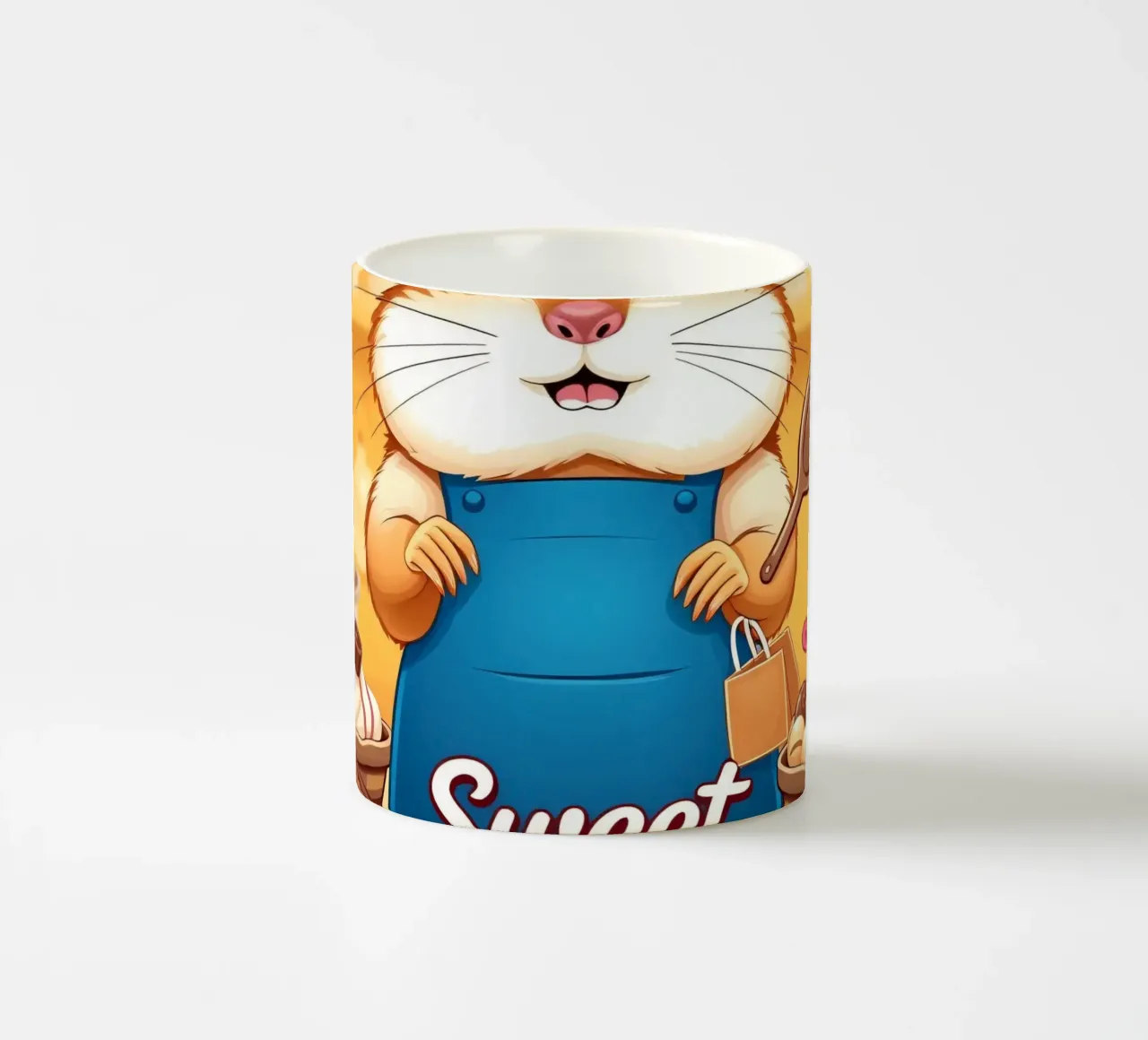 Un allegro criceto in grembiule prepara gioiosamente un dolce tazza in ceramica da DesignDoodle