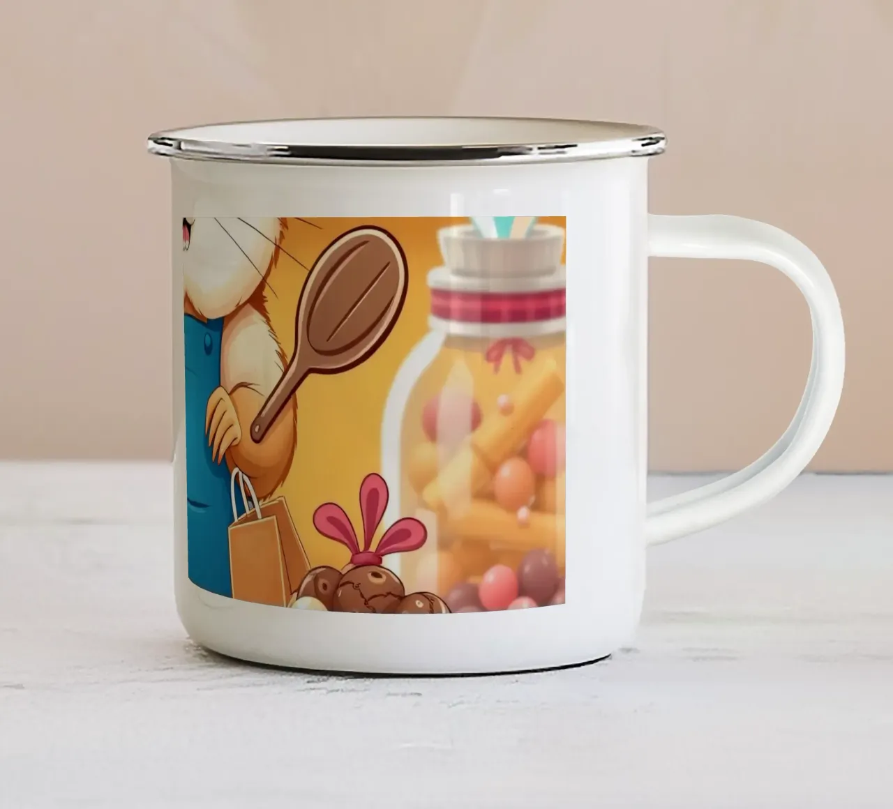 Un allegro criceto in grembiule prepara gioiosamente un dolce tazza in smalto da DesignDoodle