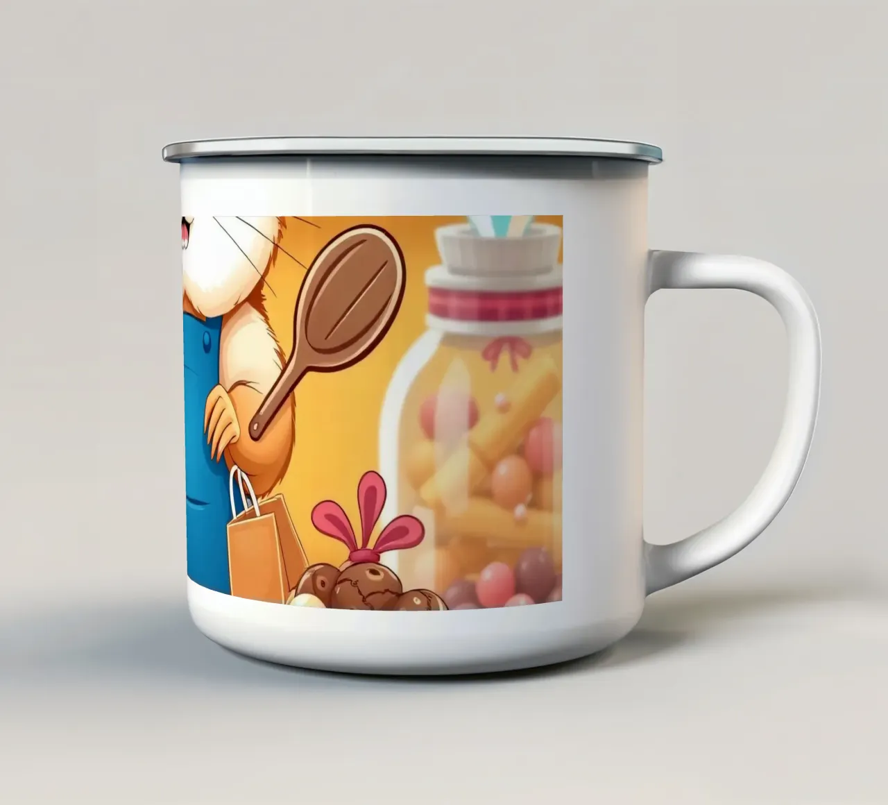 Un allegro criceto in grembiule prepara gioiosamente un dolce tazza in smalto da DesignDoodle