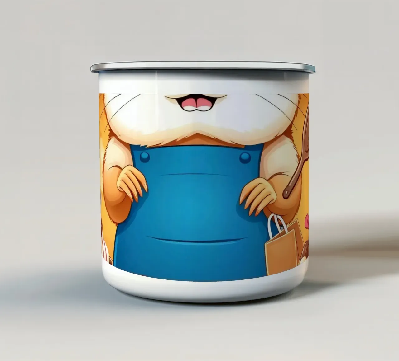 Un allegro criceto in grembiule prepara gioiosamente un dolce tazza in smalto da DesignDoodle