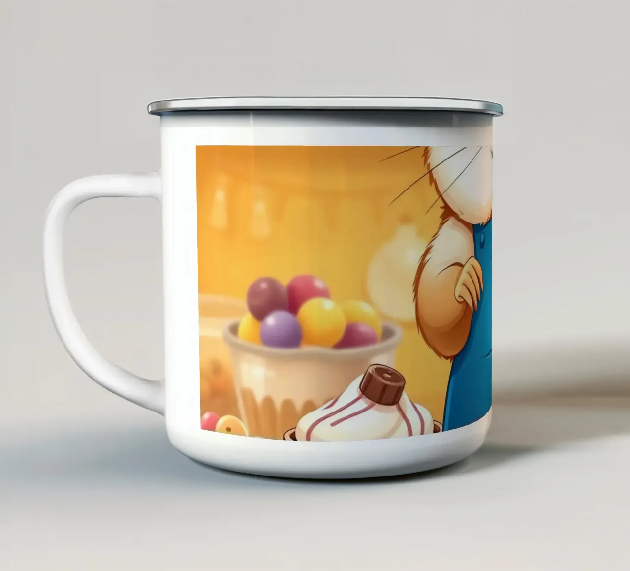 Un allegro criceto in grembiule prepara gioiosamente un dolce tazza in smalto da DesignDoodle