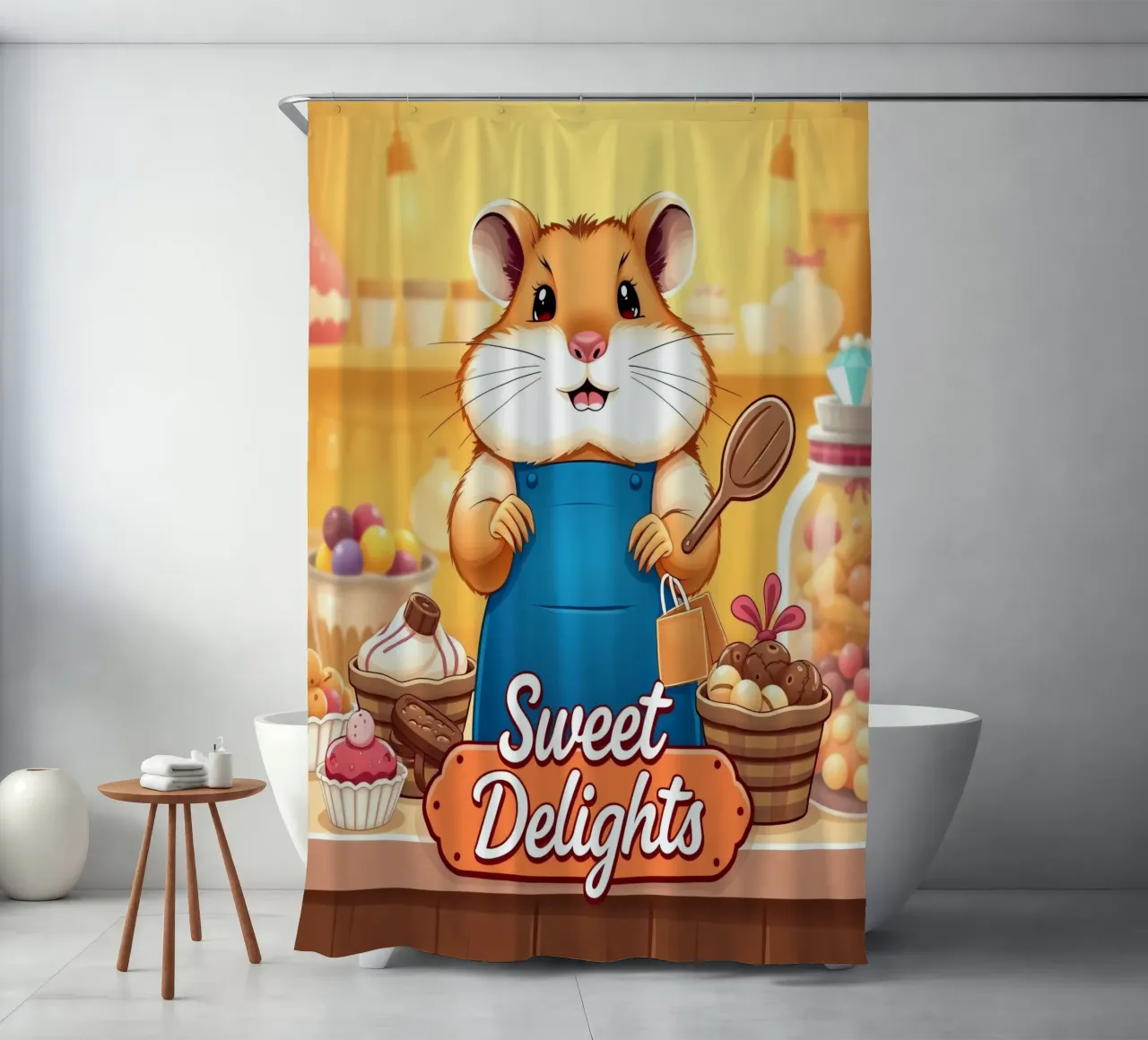Un allegro criceto in grembiule prepara gioiosamente un dolce tenda da doccia da DesignDoodle