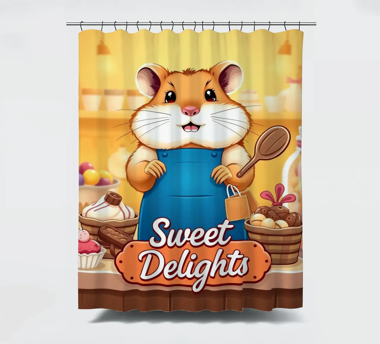 Un allegro criceto in grembiule prepara gioiosamente un dolce tenda da doccia da DesignDoodle