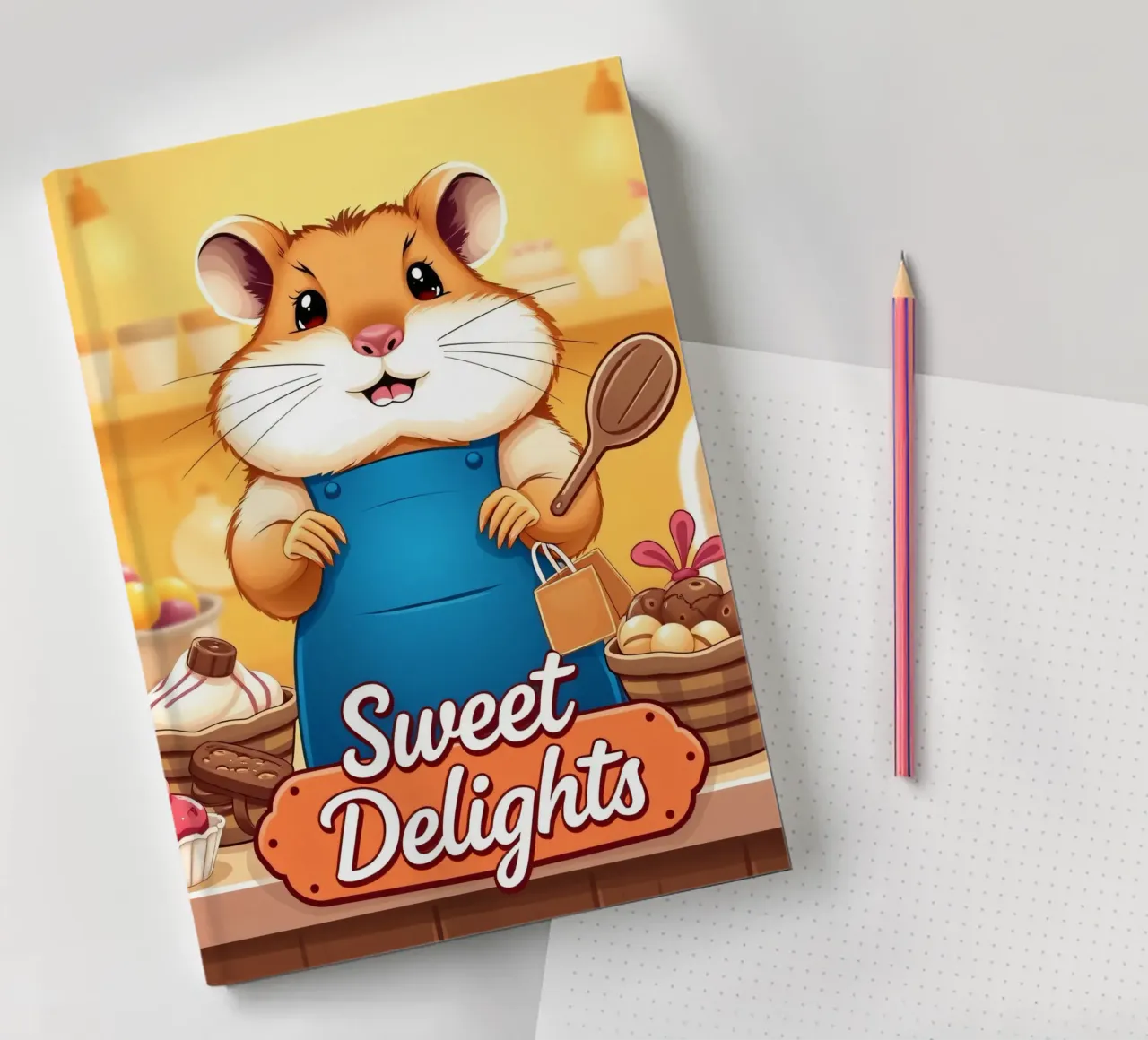 Un allegro criceto in grembiule prepara gioiosamente un dolce diario da DesignDoodle