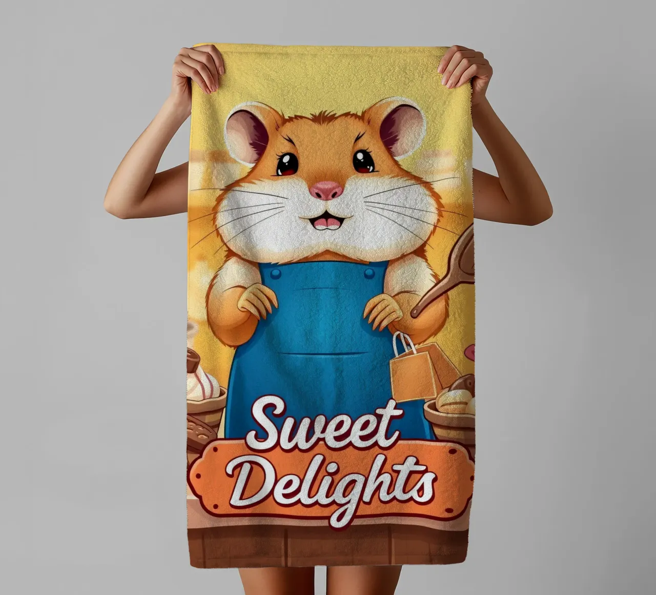 Un allegro criceto in grembiule prepara gioiosamente un dolce asciugamano da bagno da DesignDoodle
