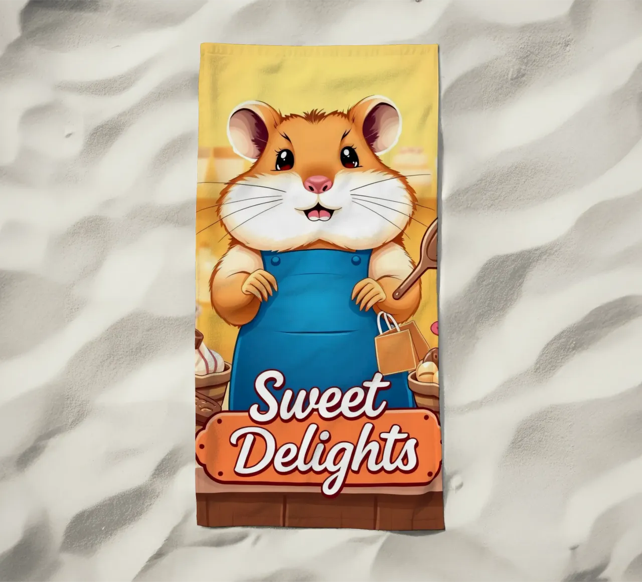 Un allegro criceto in grembiule prepara gioiosamente un dolce telo mare da DesignDoodle