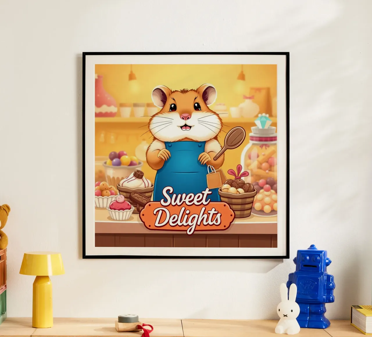 Un allegro criceto in grembiule prepara gioiosamente un dolce poster da DesignDoodle