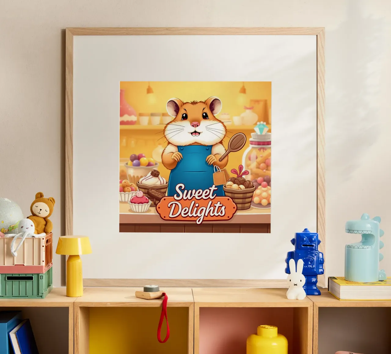 Un allegro criceto in grembiule prepara gioiosamente un dolce poster da DesignDoodle