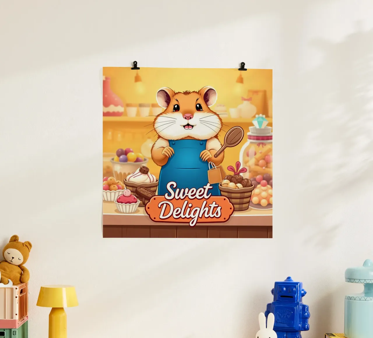 Un allegro criceto in grembiule prepara gioiosamente un dolce poster da DesignDoodle