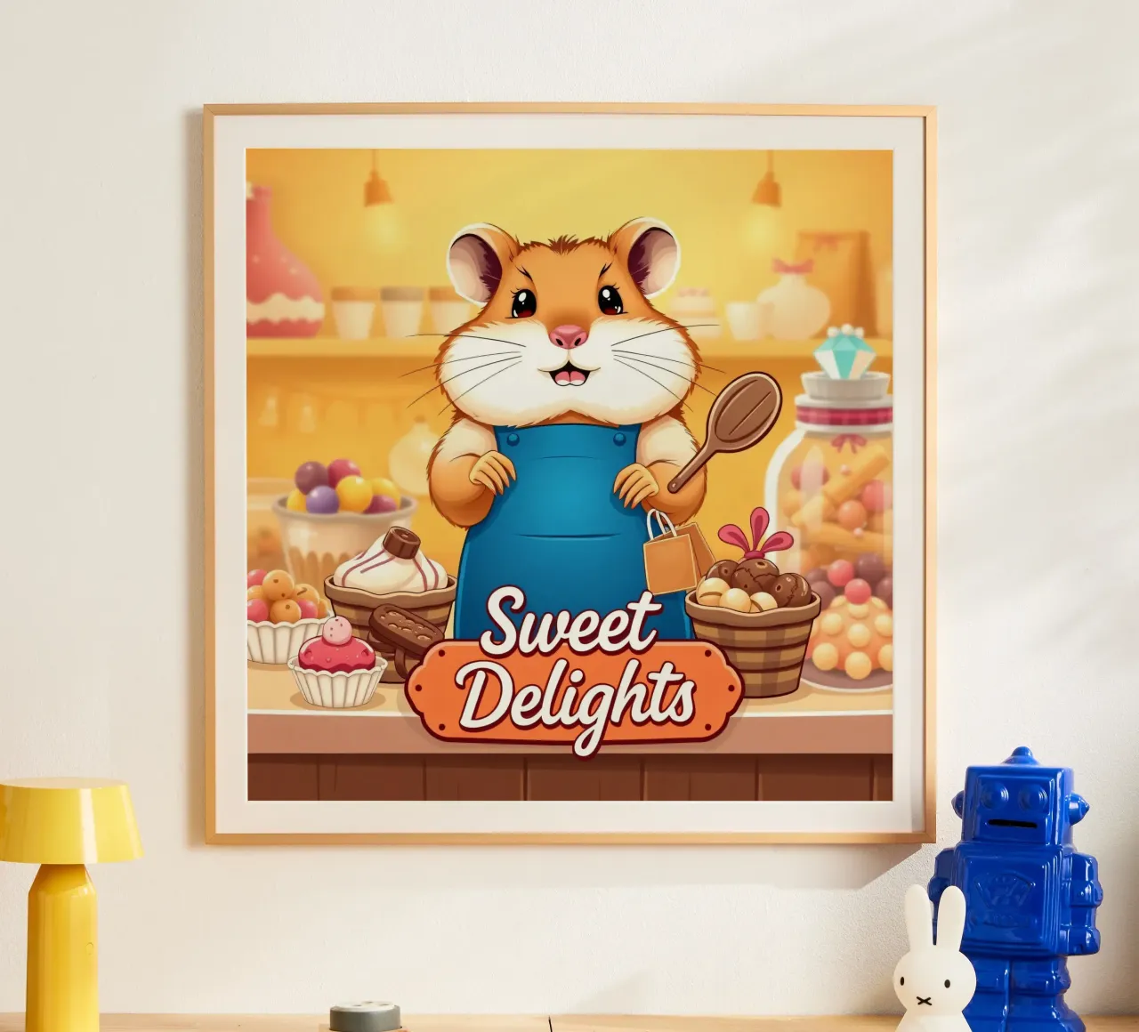 Un allegro criceto in grembiule prepara gioiosamente un dolce poster da DesignDoodle