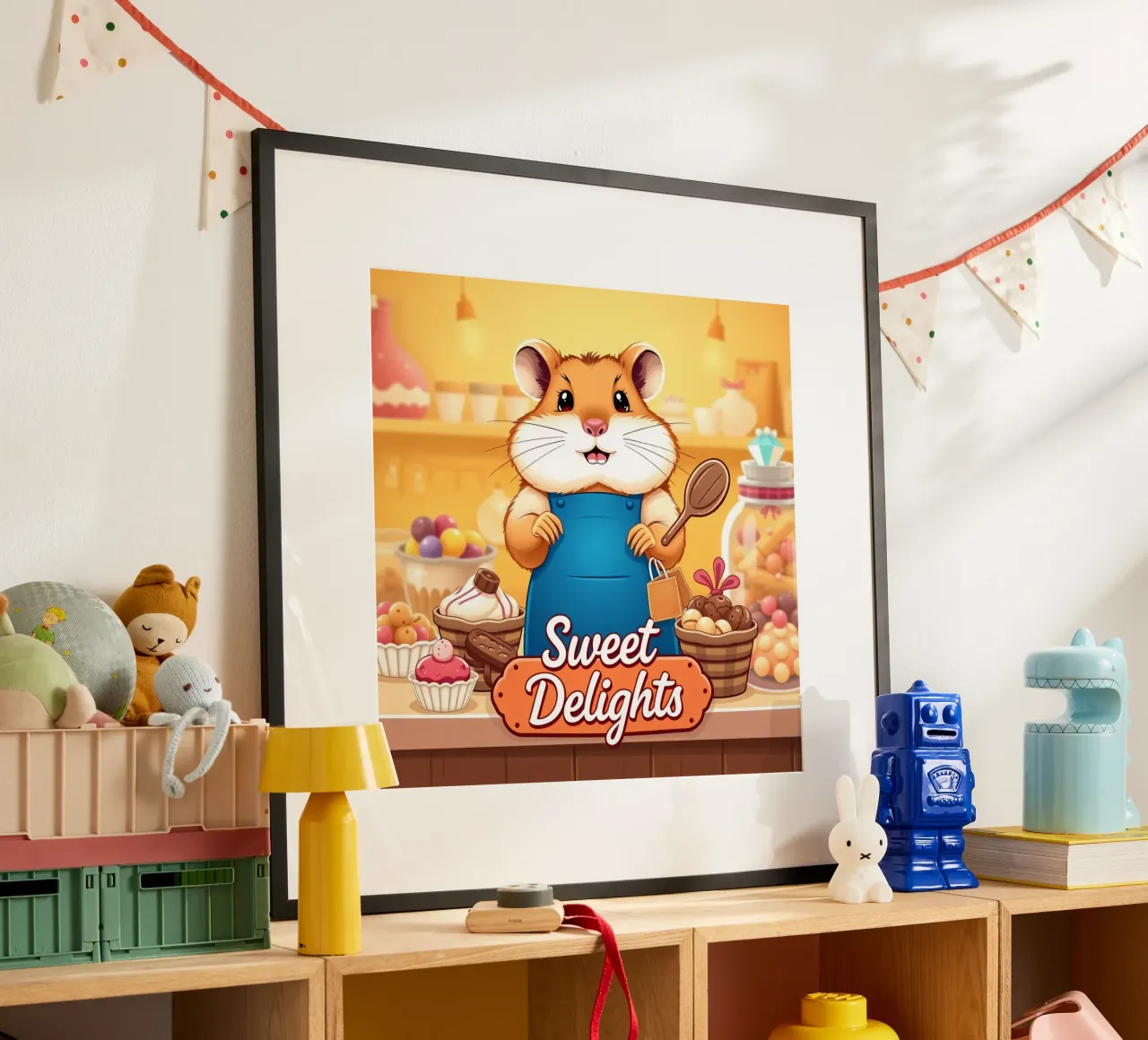 Un allegro criceto in grembiule prepara gioiosamente un dolce poster da DesignDoodle