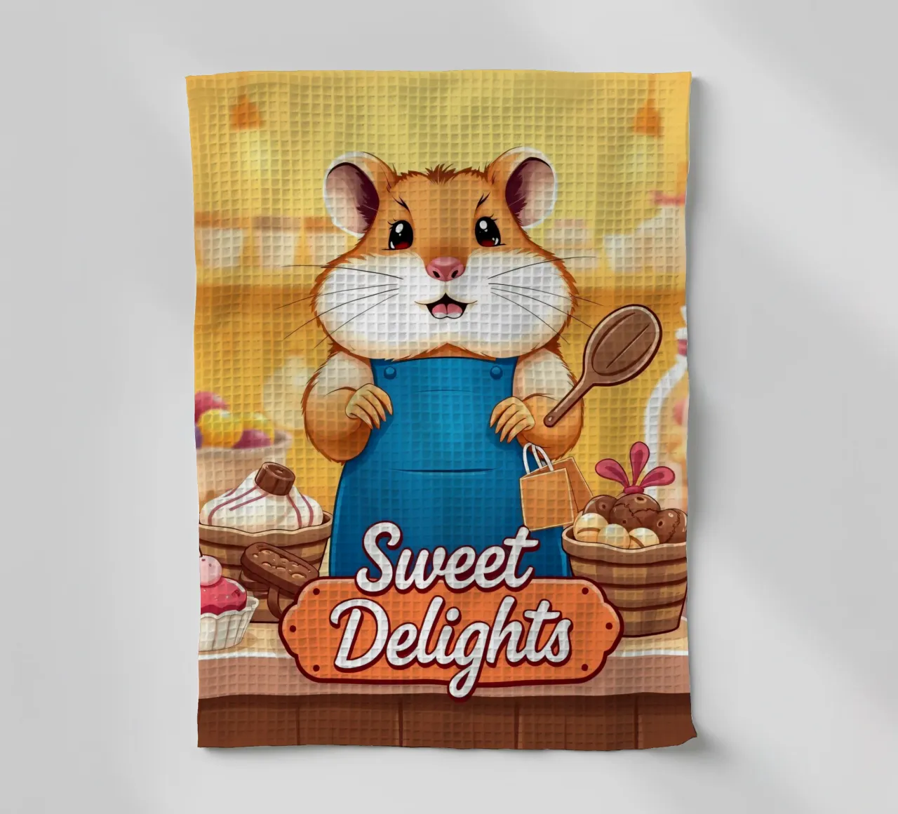 Un allegro criceto in grembiule prepara gioiosamente un dolce canovaccio da cucina da DesignDoodle
