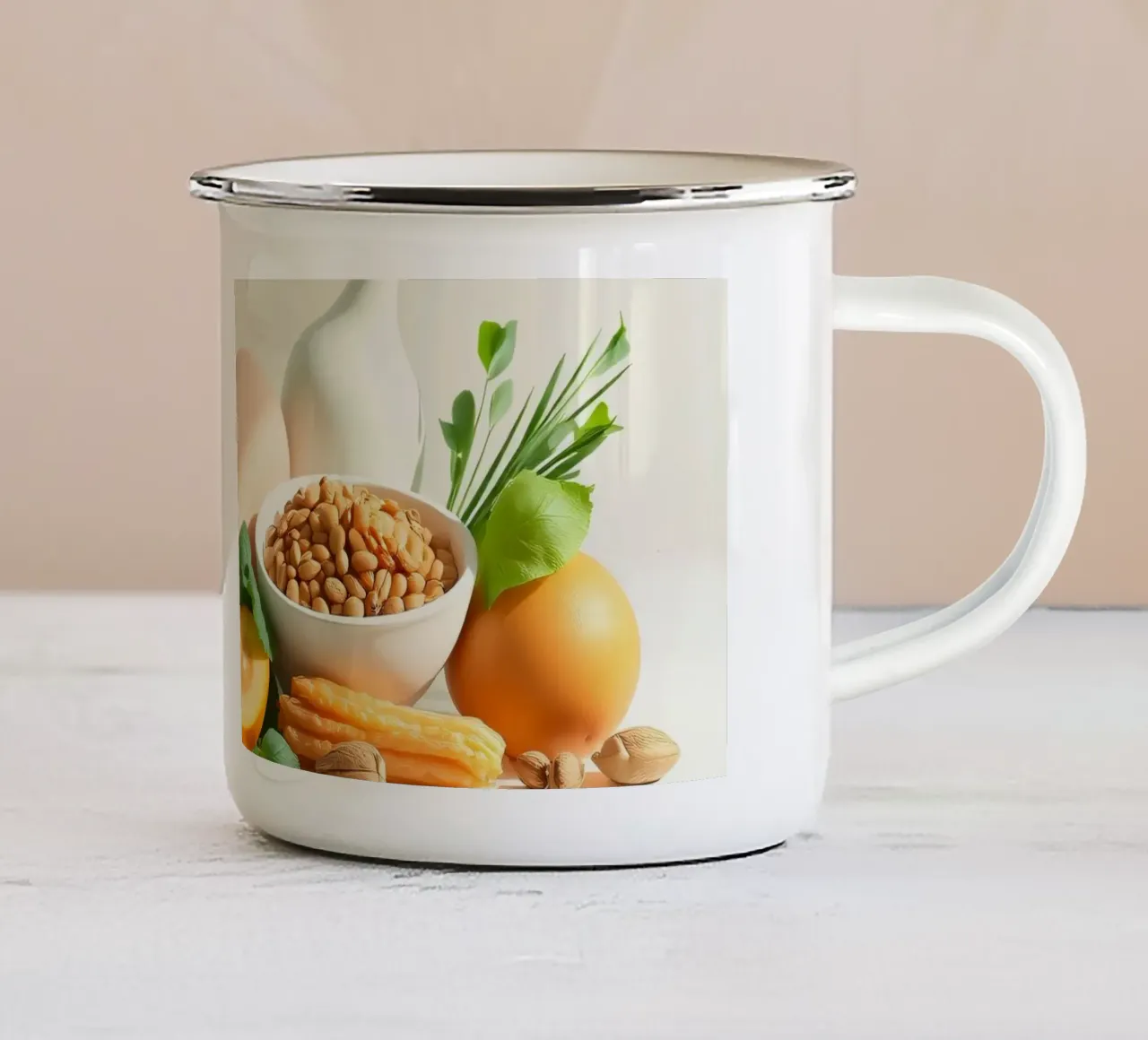 Una vivace composizione di frutta, verdura e noci fresche tazza in smalto da DesignDoodle