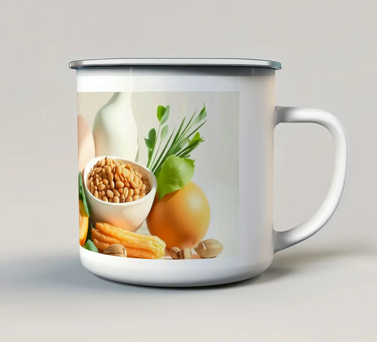 Una vivace composizione di frutta, verdura e noci fresche tazza in smalto da DesignDoodle