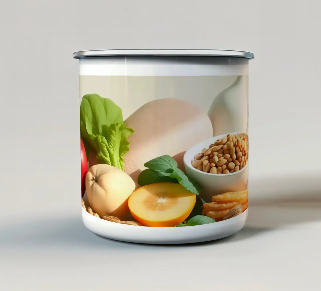 Una vivace composizione di frutta, verdura e noci fresche tazza in smalto da DesignDoodle