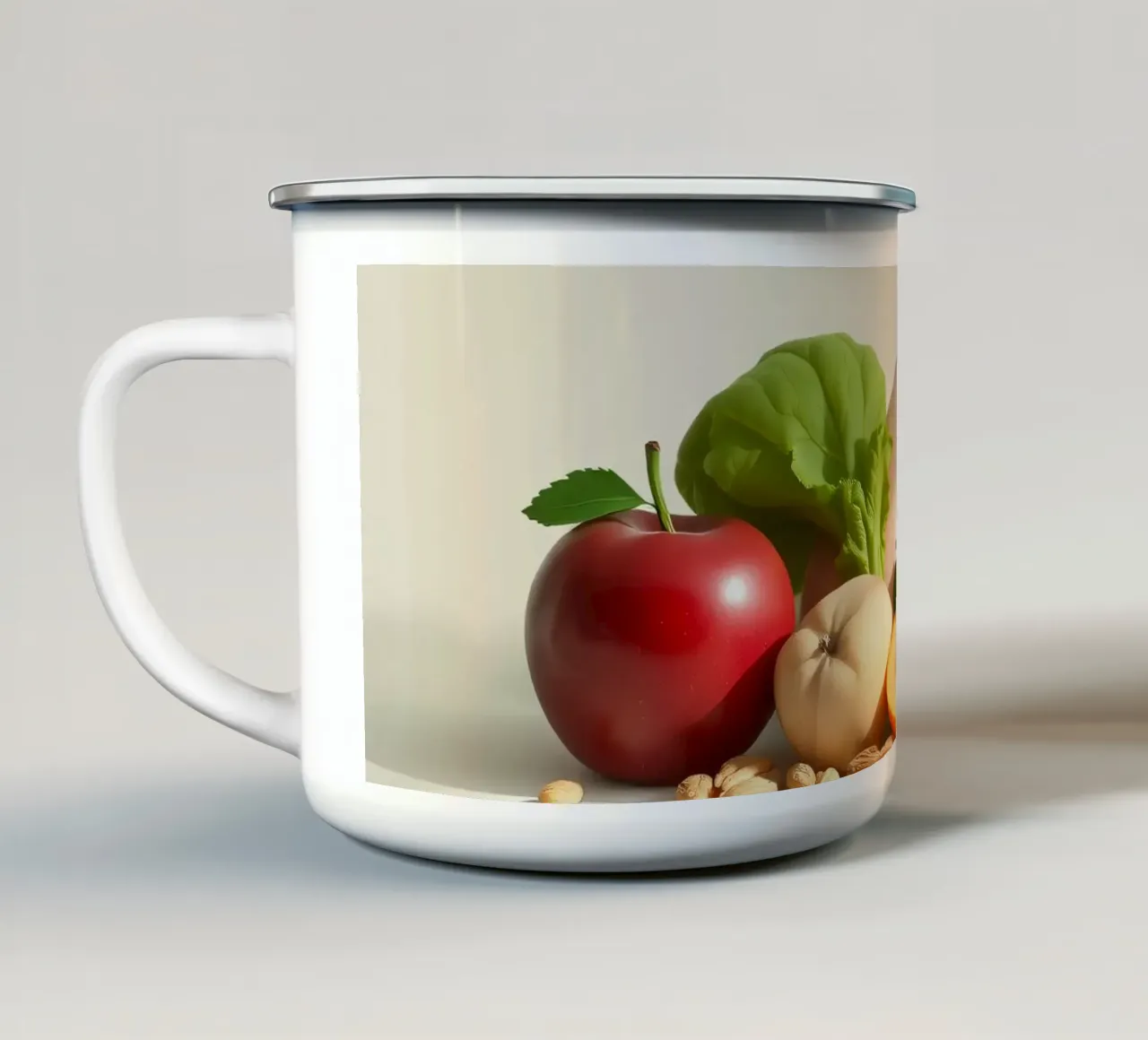 Una vivace composizione di frutta, verdura e noci fresche tazza in smalto da DesignDoodle