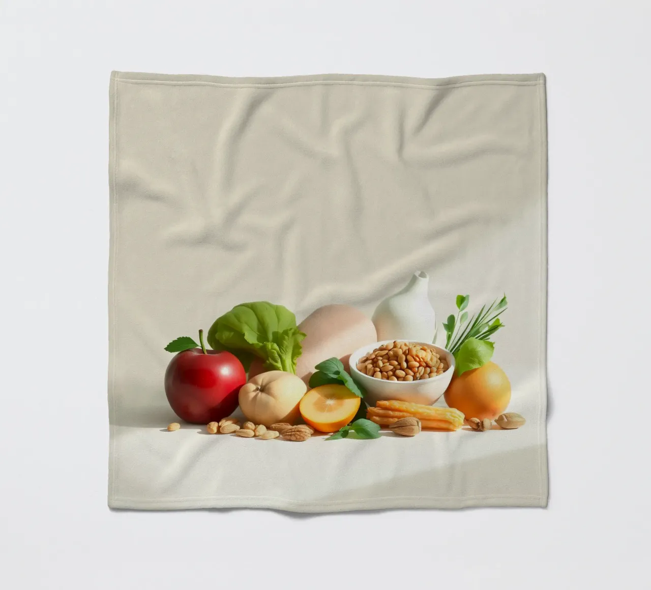 Una vivace composizione di frutta, verdura e noci fresche coperta in pile da DesignDoodle