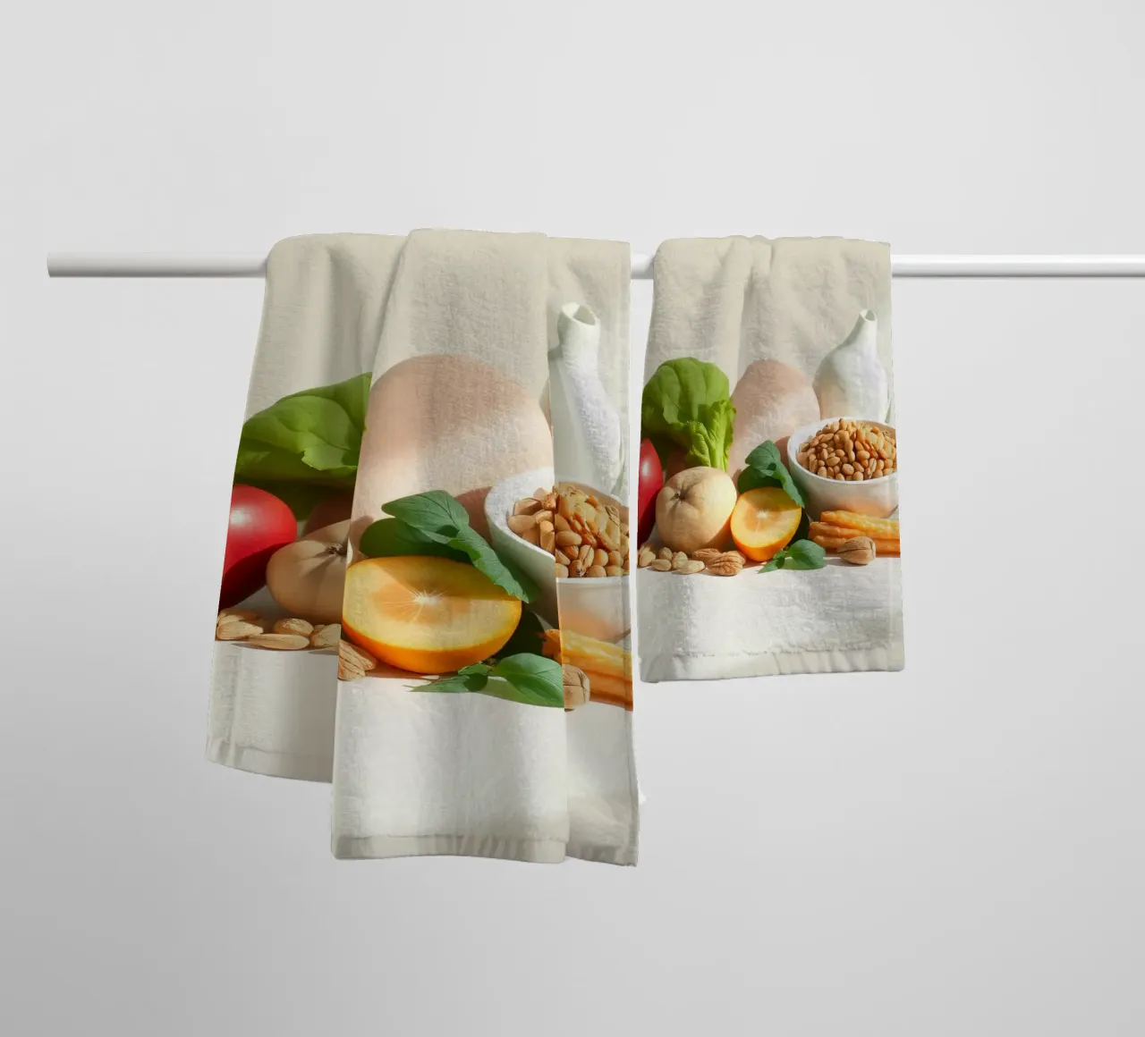 Una vivace composizione di frutta, verdura e noci fresche asciugamano da bagno da DesignDoodle