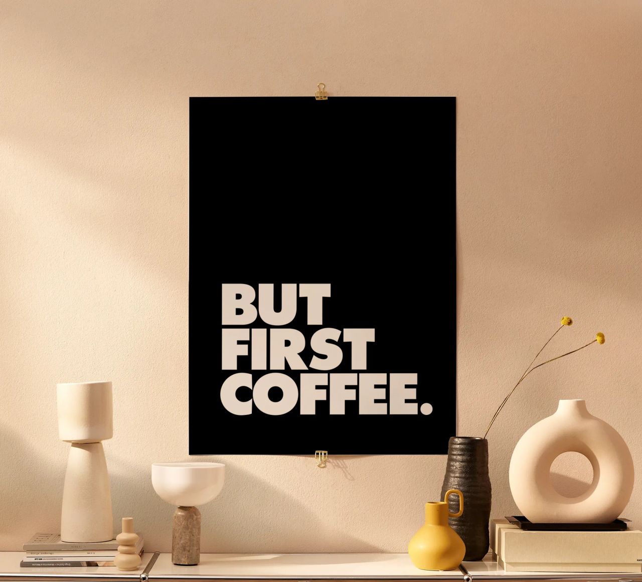 Aber zuerst Kaffee Schwarz-Weiß-Typografie drucken Poster von THE MOTIVATED TYPE