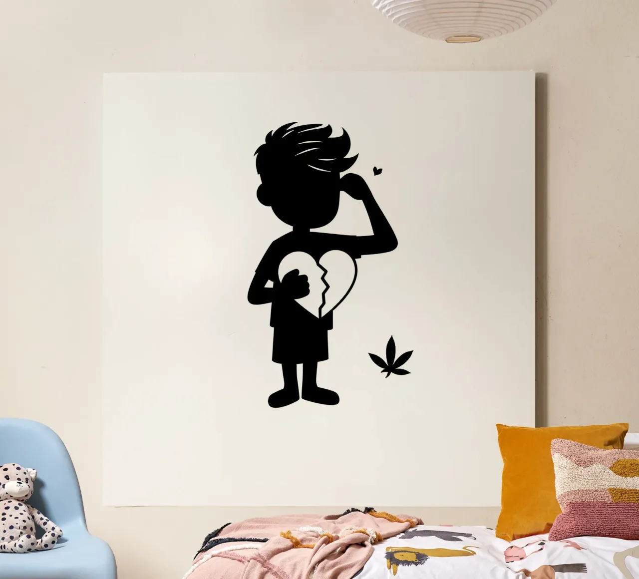Een silhouet van een jongen met een gebroken hart symbool canvas met Baklijst van DesignDoodle
