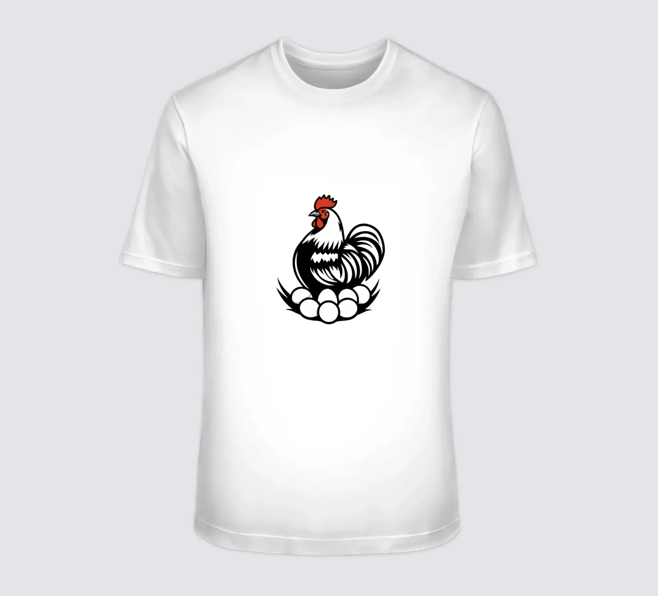 Un gallo si erge orgoglioso sopra un nido di uova bianche t-shirt da DesignDoodle