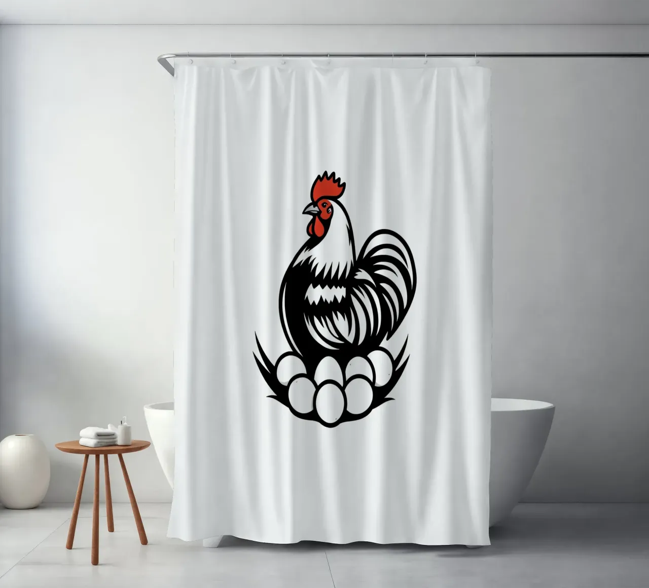 Ein Hahn steht stolz über einem Nest mit weißen Eiern Duschvorhang von DesignDoodle