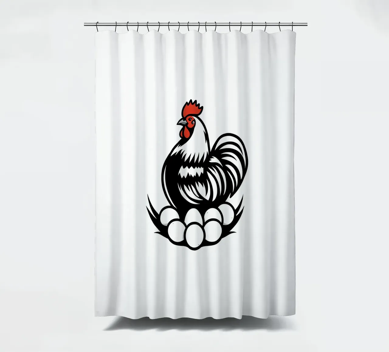 Ein Hahn steht stolz über einem Nest mit weißen Eiern Duschvorhang von DesignDoodle