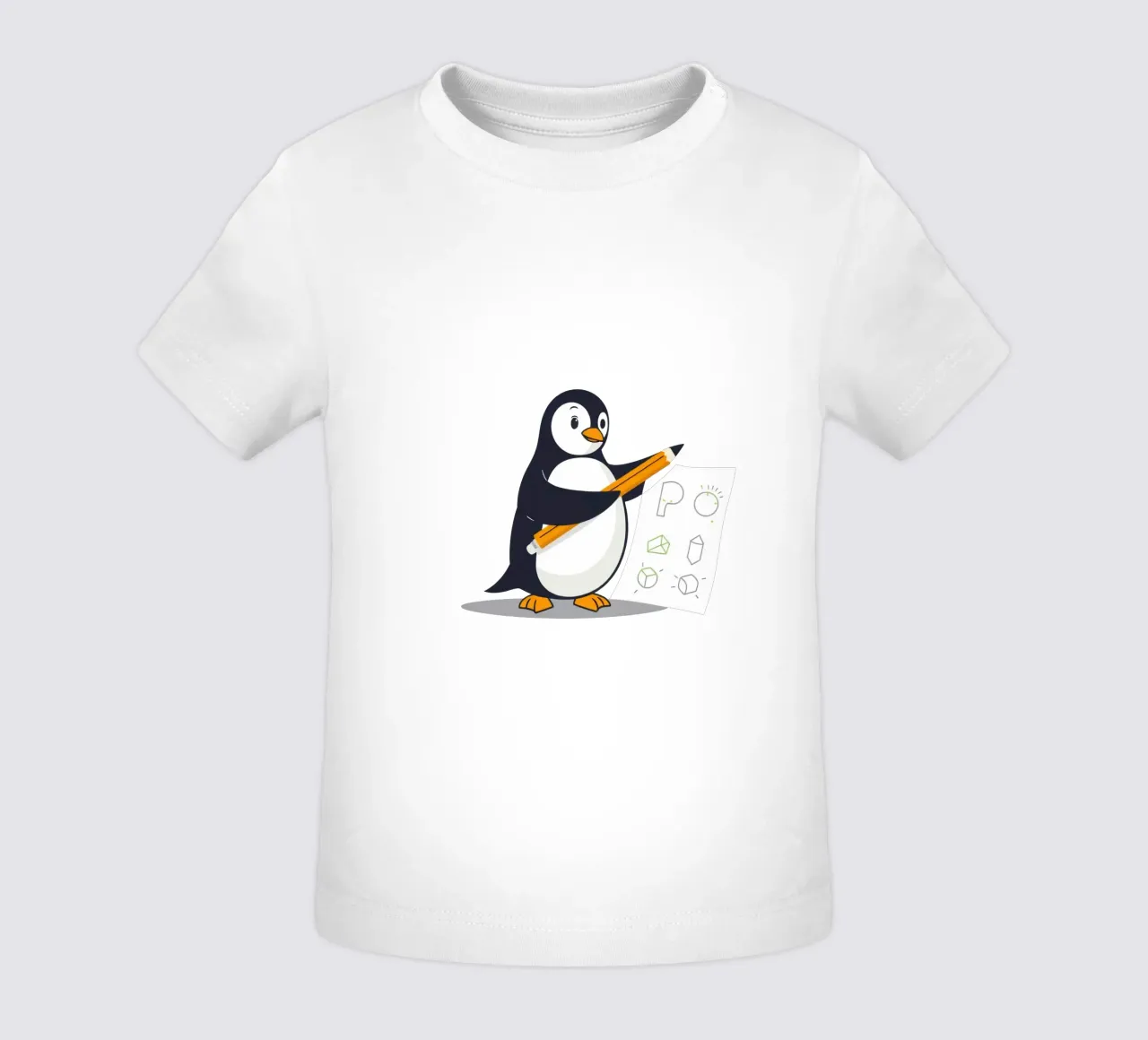 A cartoon penguin drawing shapes and letters baby t-shirt by DesignDoodle