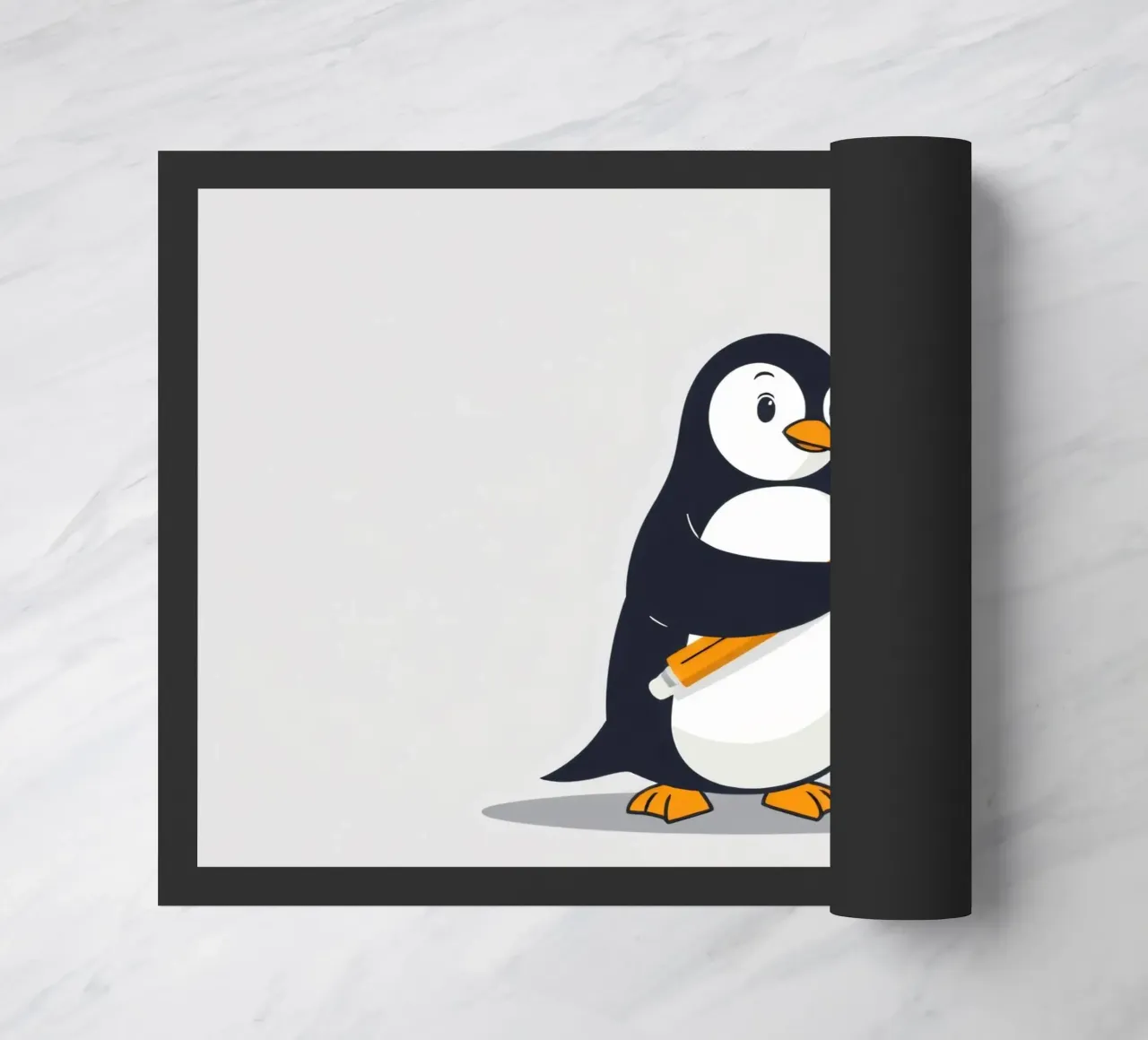 A cartoon penguin drawing shapes and letters doormat by DesignDoodle
