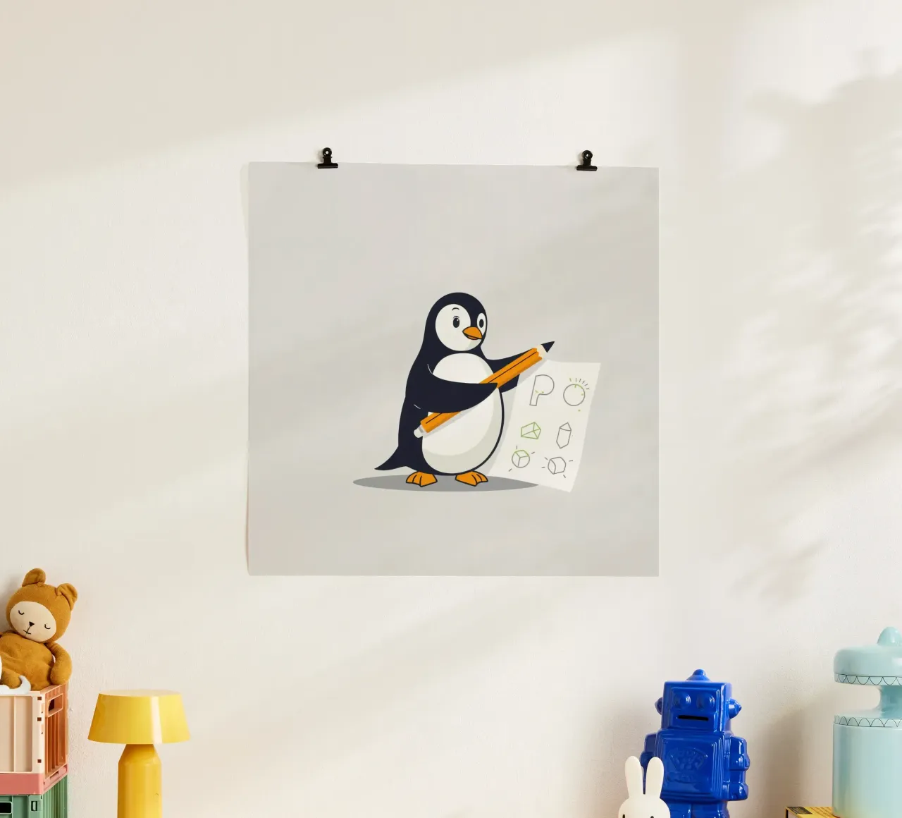 Un pingouin dessinant des formes et des lettres poster de DesignDoodle