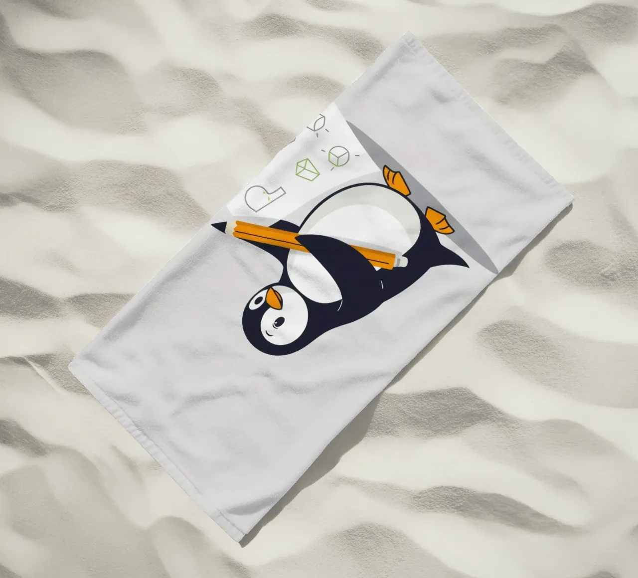 Un pinguino dei cartoni animati che disegna forme e lettere telo mare da DesignDoodle