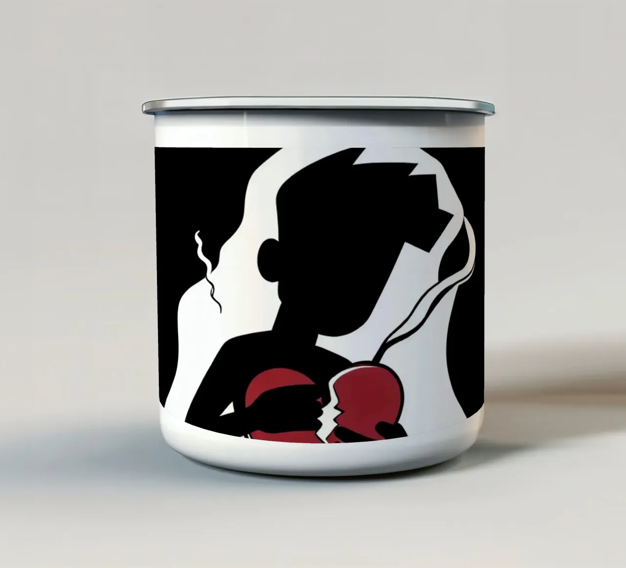 Una figura affranta tiene un cuore in frantumi tazza in smalto da DesignDoodle