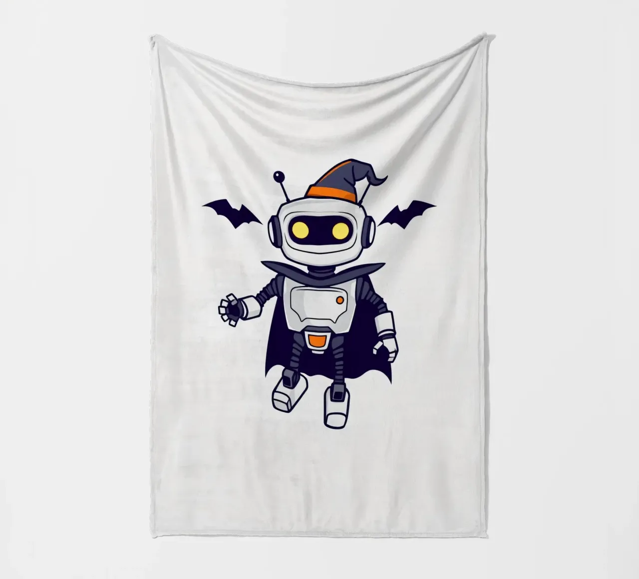 A playful robot in a Halloween costume, complete with a cape fleece blanket by DesignDoodle
