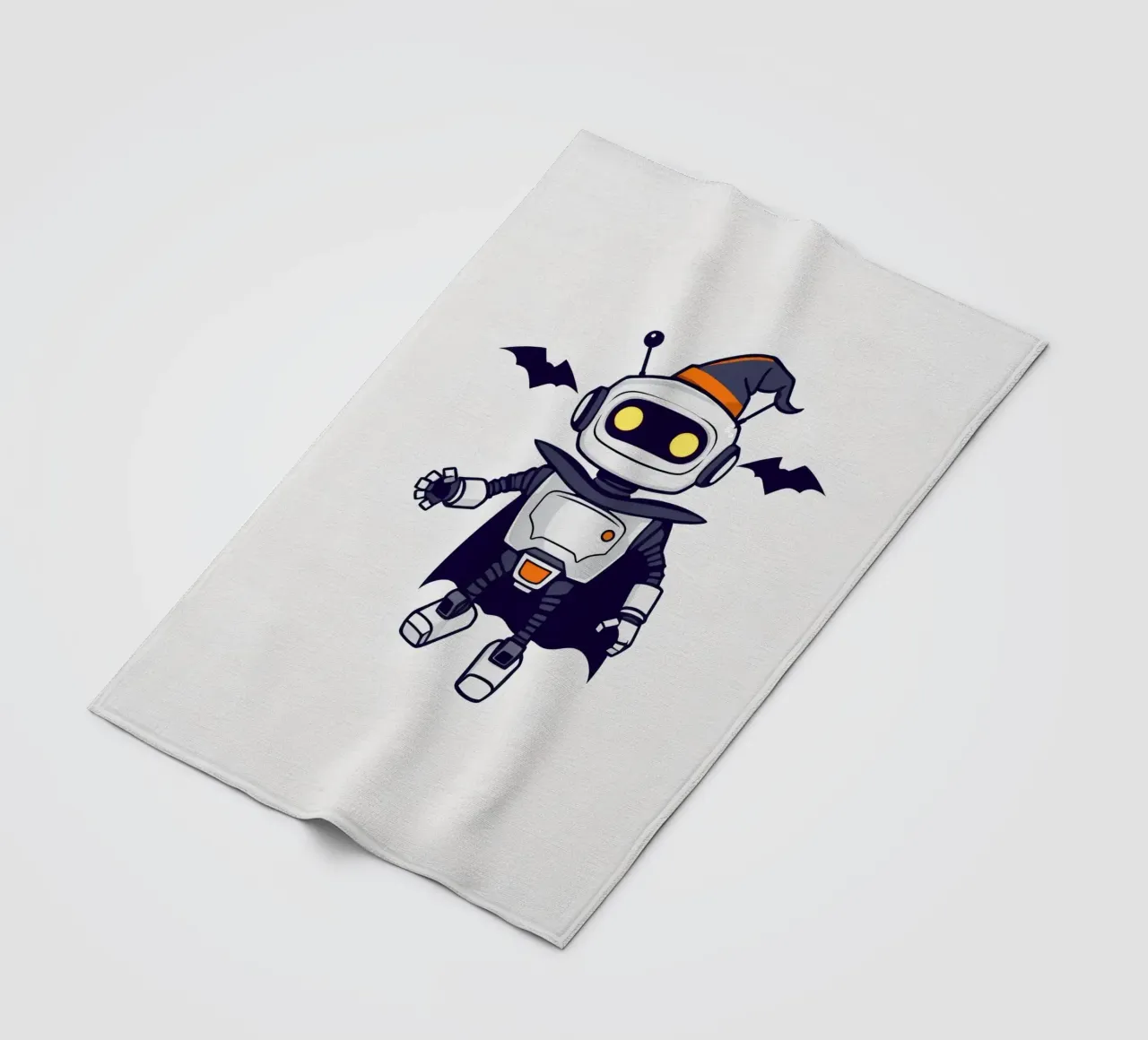 A playful robot in a Halloween costume, complete with a cape fleece blanket by DesignDoodle