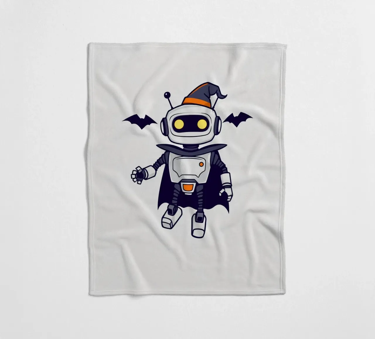 A playful robot in a Halloween costume, complete with a cape fleece blanket by DesignDoodle