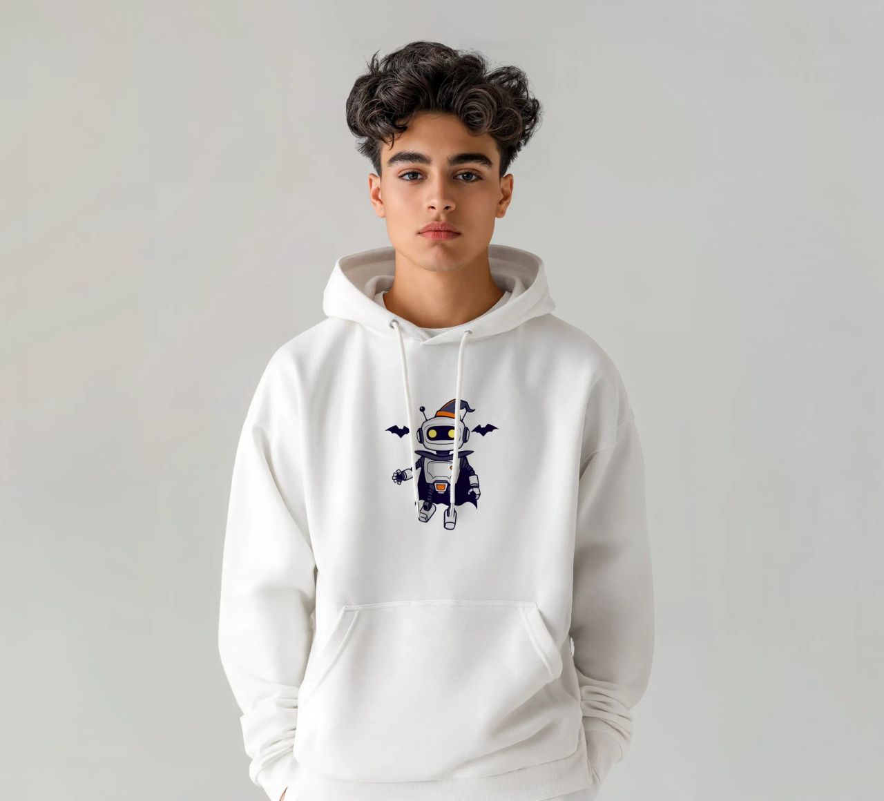 Un juguetón robot disfrazado de Halloween con capa sudadera con capucha de DesignDoodle