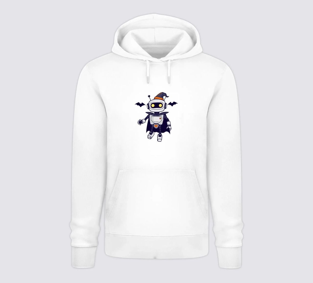 Un juguetón robot disfrazado de Halloween con capa sudadera con capucha de DesignDoodle